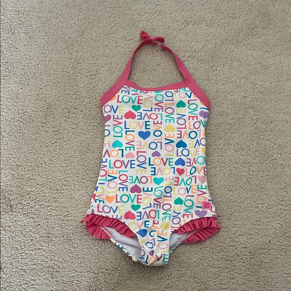 Ruffle Butts Multicolor Love Print Halter Swimsuit size 6